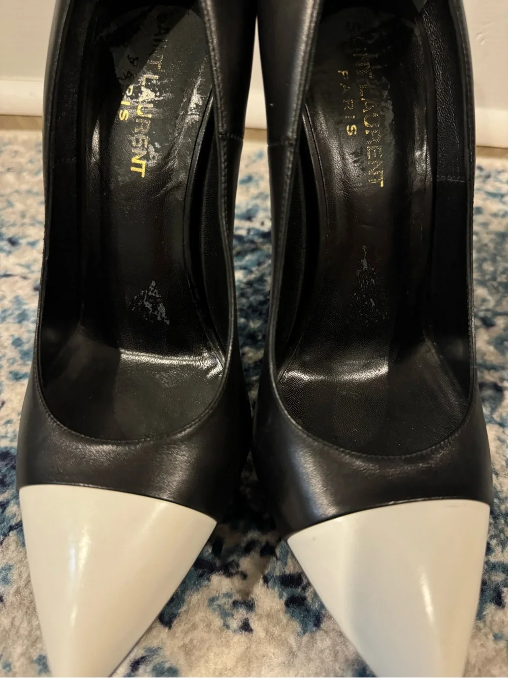 Saint Laurent Black Leather White Cap Toe Janis 105 Platform Pumps - Picture 4 of 9